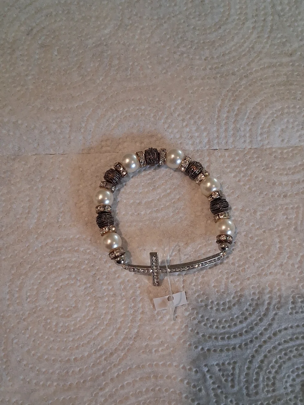 Pearl and Crystal Cross Stretch Bracelet - Silver Tone